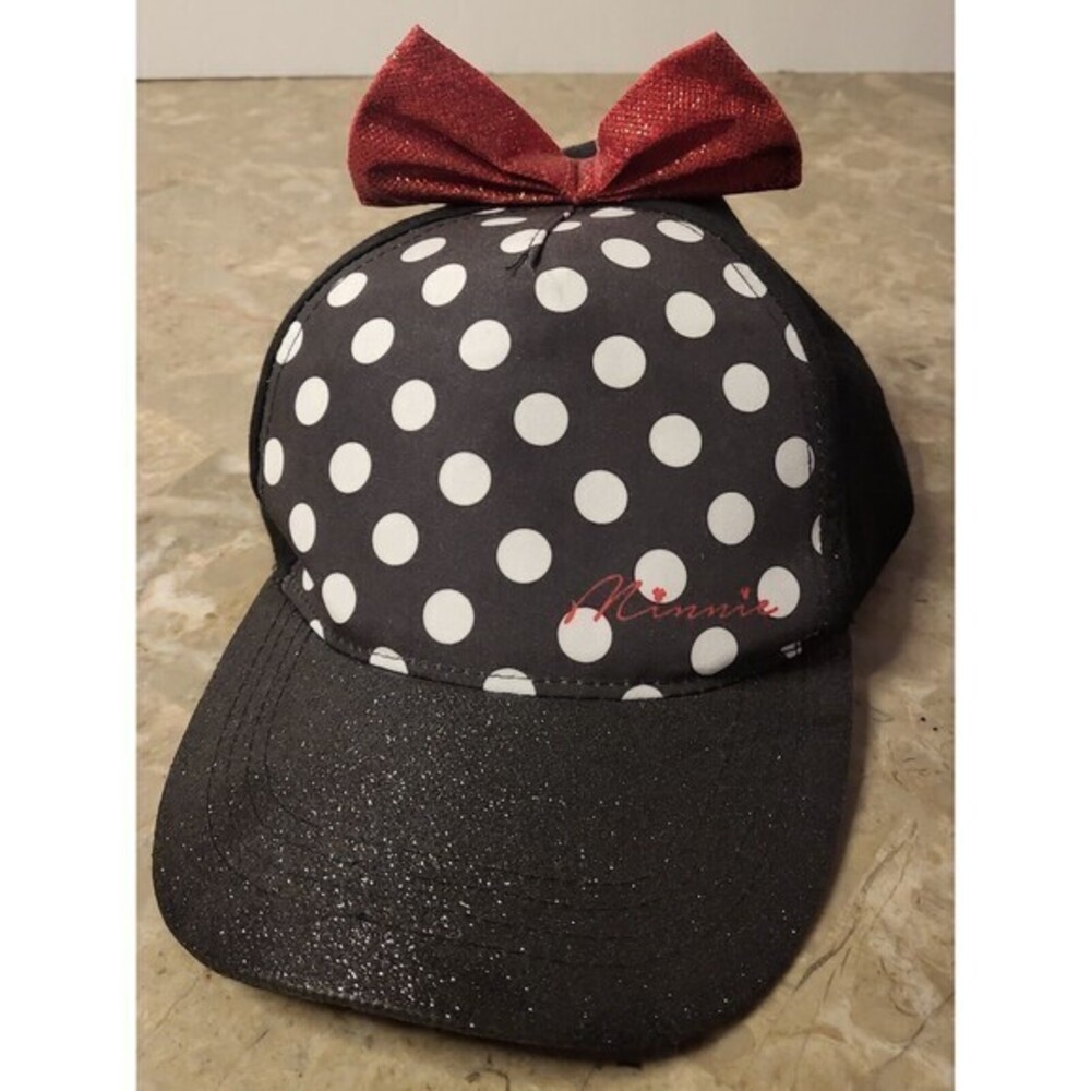 Girls Minnie Mouse Hat Baseball Style Cap Black Glitter Bill Adjustable Red Bow